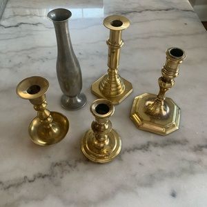 Candleholders and vase Lot 5 total